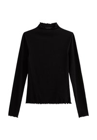 Svart långärmad topp i ribbat tyg, med en volangdetalj vid kragen och en scallopkjol, som har en figursydd silhuett och minimal detaljering.