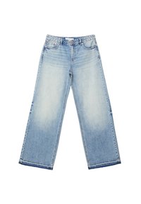 Lichtblauwe wijde spijkerbroek van denim, met een vervaagde afwerking, vijf zakken en een knoop- en ritsluiting.