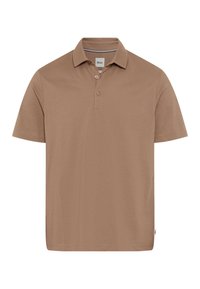 Polo shirt a maniche corte in cotone marrone chiaro. Presenta un colletto classico, una patta con tre bottoni e un'elegante etichetta del brand all'orlo inferiore.