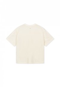 Cremefarvet kortærmet t-shirt lavet af blødt materiale, med rund halsudskæring og et enkelt design uden synlige grafik.