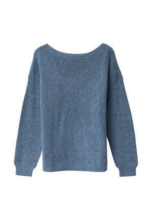 Maglione blu a maglia con vestibilità ampia, scollatura larga, maniche lunghe e motivo testurizzato. Finitura liscia e orlo a coste.