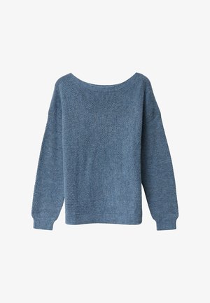 Suéter azul de punto con un corte holgado, escote amplio, mangas largas y un patrón texturizado. Acabado suave y dobladillo acanalado.