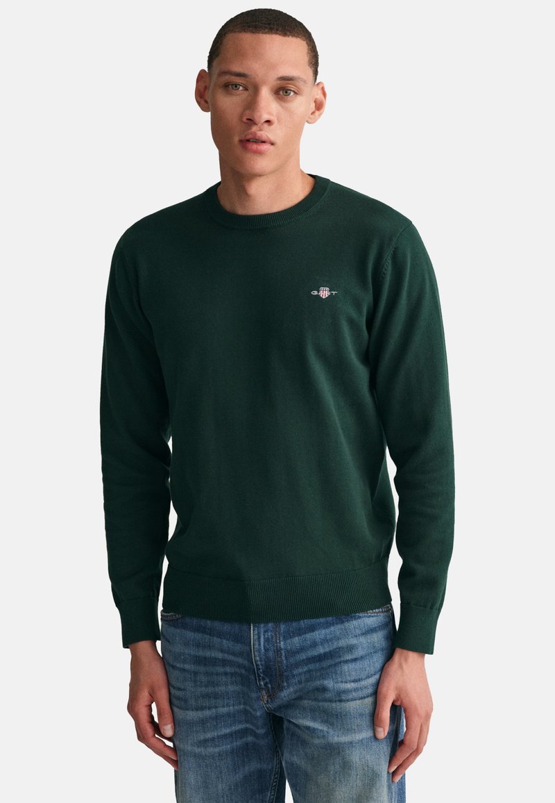 Maglione a maglia verde scuro con scollatura a girocollo, polsini e orlo a costine. Presenta un piccolo logo ricamato sul petto. Indossato con jeans blu.