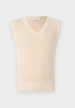 Gilet tricoté couleur crème avec un col en V et une conception sans manches. Présente un motif texturé et un ourlet côtelé pour une finition structurée.