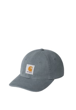Szara czapka bejsbolowa z sześcioma panelami, zakrzywionym daszkiem i kwadratową białą naszywką z logo Carhartt z przodu.