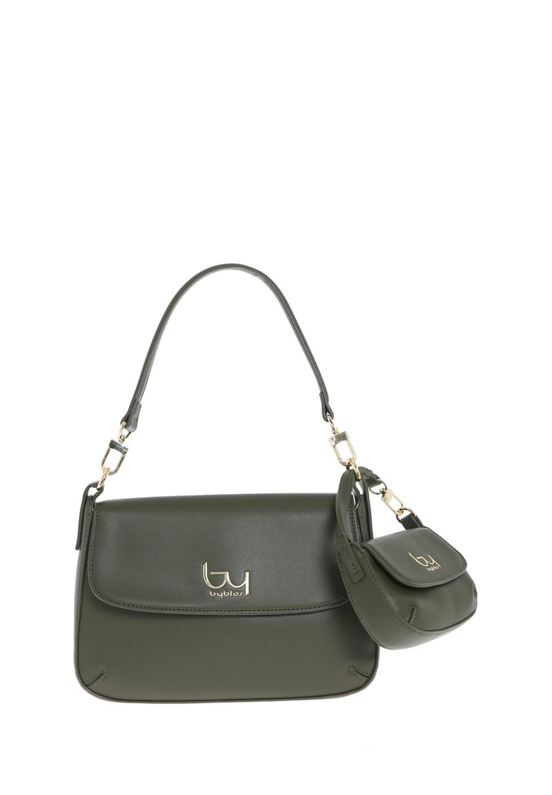 Borsa a mano in ecopelle verde oliva con logo color oro, dotata di una mini borsa rimovibile, forma arrotondata e tracolla regolabile.