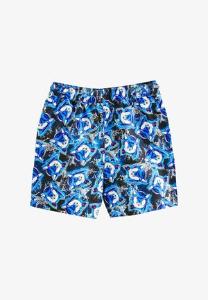 Shorts da bagno blu con un motivo ripetuto di orche in stile cartoon su uno sfondo nero con spruzzi e dettagli blu.