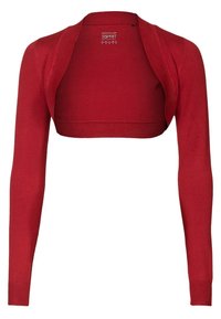 Cárdigan rojo recortado con mangas largas, bordes acanalados y diseño de frente abierto. Fabricado en material de punto, presenta una textura suave.
