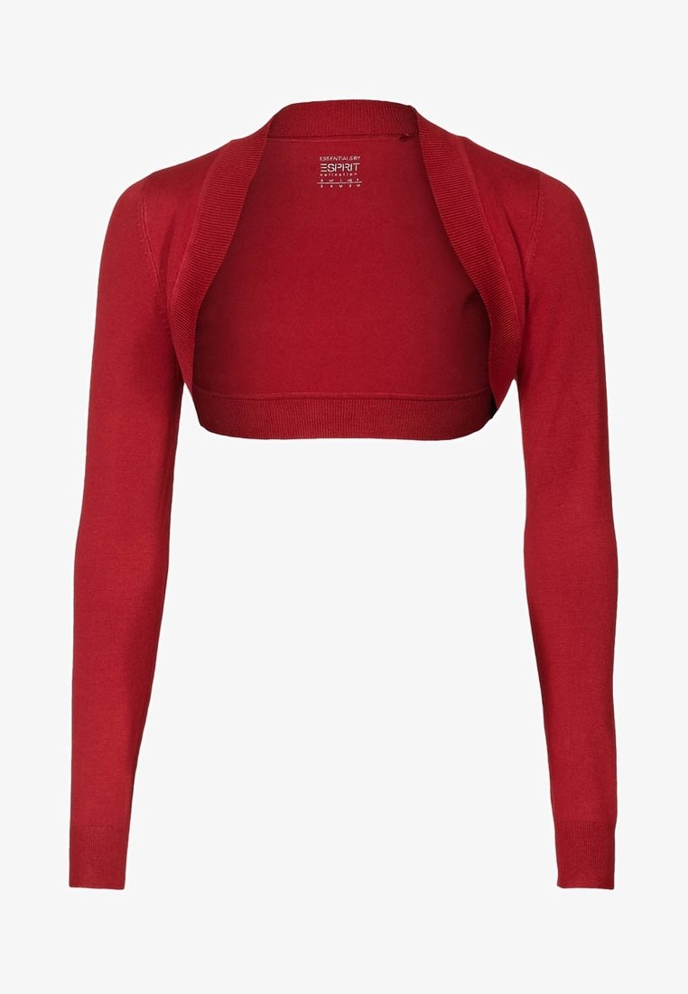 Cárdigan rojo recortado con mangas largas, bordes acanalados y diseño de frente abierto. Fabricado en material de punto, presenta una textura suave.