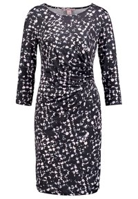 Czarna sukienka z miękkiego materiału, z okrągłym dekoltem, rękawami 3/4 i marszczeniem z boku, z białym i różowym okrągłym wzorem.