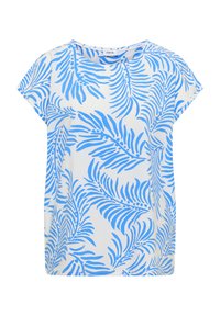 Blouse blanche à manches courtes avec col rond et motif abstrait de feuilles bleues sur toute la surface.