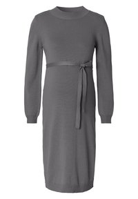 Abito lavorato a maglia grigio con maniche lunghe, scollo a girocollo a costine, vita con cintura e polsini aderenti. Design di lunghezza media, superficie liscia in tutto l'abito.