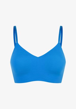 Sostén azul con un acabado de tela suave, diseño de escote en V y tirantes delgados ajustables. El material parece elástico y sin costuras.