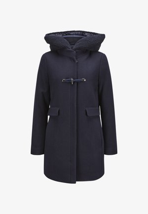 Marineblauer Mantel aus strukturiertem Stoff, mit einer großen Kapuze, die mit weichem Material gefüttert ist, Toggle-Verschluss und zwei Fronttaschen.