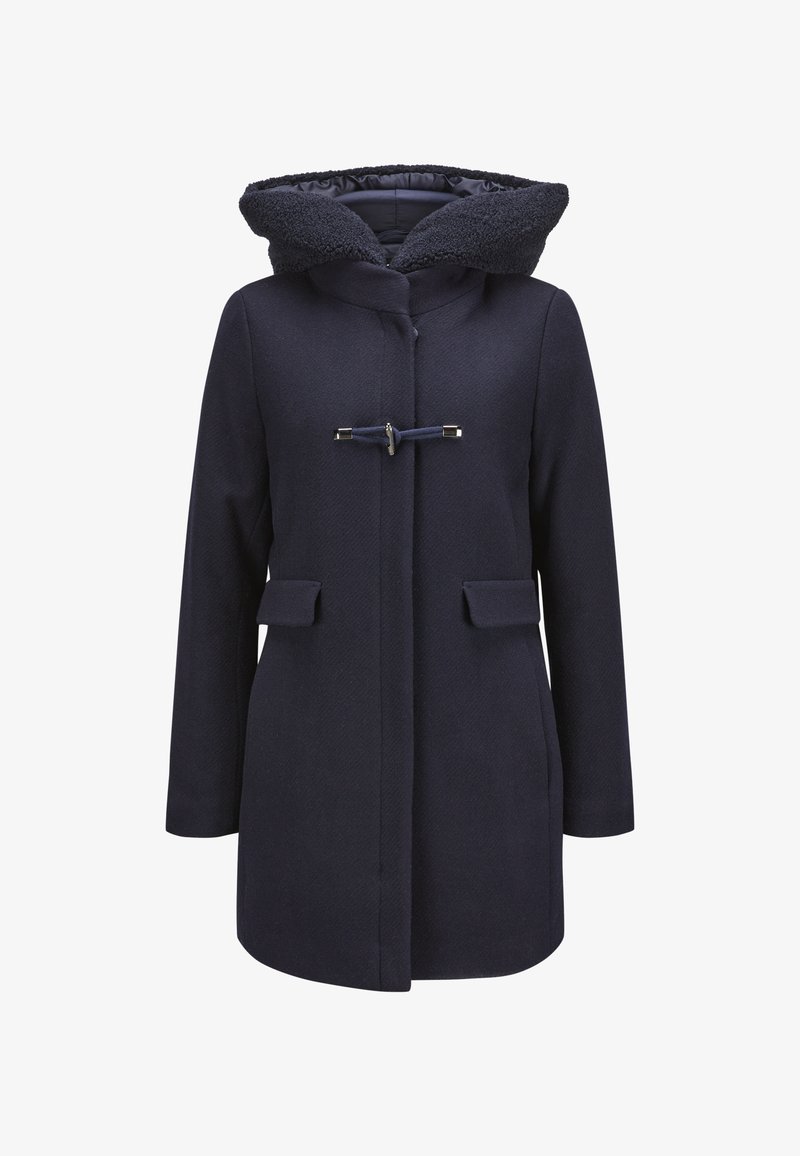 Marineblauer Mantel aus strukturiertem Stoff, mit einer großen Kapuze, die mit weichem Material gefüttert ist, Toggle-Verschluss und zwei Fronttaschen.