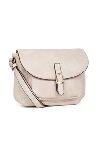 Borsa a tracolla in pelle beige con patta curva, hardware dorato e dettagli neri. Presenta una tracolla regolabile e chiusura a scatto.