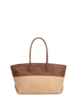 Borsa tote in pelle marrone e paglia intrecciata con due manici, base rettangolare e piccolo logo sulla sezione superiore in pelle.