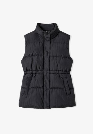 Veste sans manches matelassée noire avec col montant, fermeture à boutons-pression, taille élastique et deux poches zippées sur les côtés.