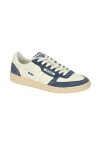 White and navy blue sneakers with suede and leather materials. Features include lace-up design, perforated toe, and branding on the side.