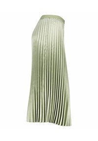 Gonna plissè in tessuto verde chiaro, con una vita piatta e un design fluido. La texture è liscia, con profonde pieghe verticali per il movimento.