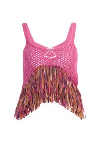 Ružový pletený crop top s diamantovým vzorom, so strapcami z viacfarebnej, vrstvenej látky na leme. Nastaviteľné ramienka.