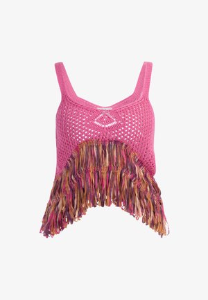 Růžový pletený krátký top s diamantovým vzorem, se třásněmi z vícebarevné vrstvené látky na spodním okraji. Nastavitelné ramínka.