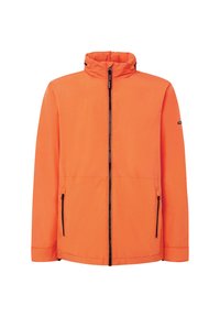 Oranžová bundá na zips s vysokým golierom, dvoma bočnými vreckami s čiernymi zipsami a ľahkou, hladkou textúrou látky.
