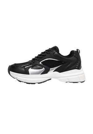 Scarpe sportive nere in pelle e rete, con dettagli argentati, punta arrotondata e suola bianca in contrasto.