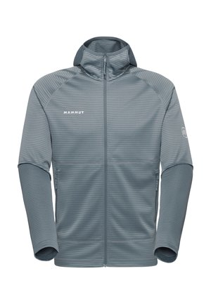 Herren-Mammutjacke in Grau mit durchgehendem Reißverschluss, Kapuze, strukturierten horizontalen Streifen und seitlichen Reißverschlusstaschen vor weißem Hintergrund.