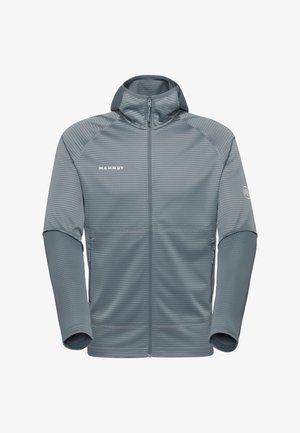 Herren-Mammutjacke in Grau mit durchgehendem Reißverschluss, Kapuze, strukturierten horizontalen Streifen und seitlichen Reißverschlusstaschen vor weißem Hintergrund.