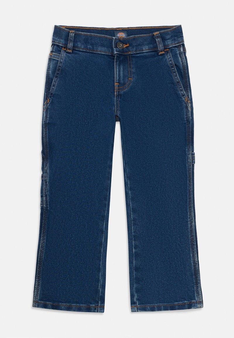 Temno modri traper hlače za mesarja s pasom na gumb, stranskimi žepi in zanko za orodje na desni nogi.