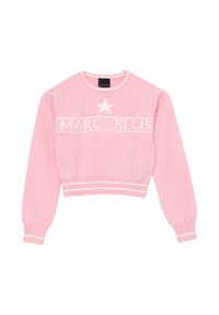 Maglione corto rosa in morbido tessuto con polsini e orlo a coste bianchi, decorato con la scritta "MARC ELLIS" e un motivo a stelle sul davanti.