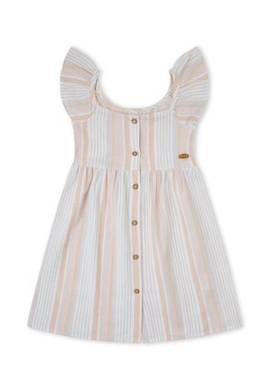Vestido sin mangas para niño pequeño con mangas con vuelo, rayas verticales en beige y blanco, botones en el frente y escote redondo.