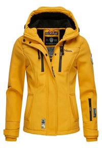 Yellow softshell jacket with a hood, black interior, zippered pockets, adjustable cuffs, and logo accents. Features a fitted design.