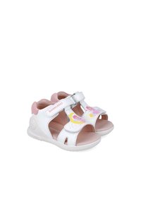 Sandali bianchi con apertura sulla punta, dettagli rosa, dotati di una fascia in Velcro e con stampe colorate di sole e personaggi dei cartoni animati. Suola flessibile.