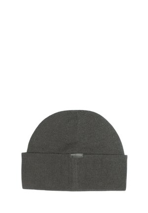Gorro de punto gris oscuro con un dobladillo acanalado y parte superior lisa. Presenta un pequeño parche con logo en la parte frontal. Hecho de material suave y elástico.