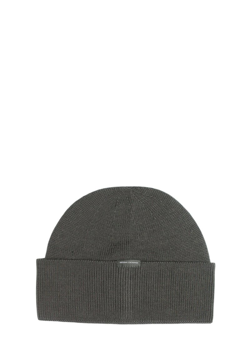 Beanie a maglia di un grigio scuro con risvolto a coste e parte superiore liscia. Presenta una piccola etichetta con logo sulla parte anteriore. Realizzato in morbido materiale elastico.