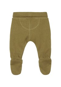 Olijfgroene geribde babylegging met elastische tailleband, afgeronde voetboorden en stikseldetails op de achterzak. Zacht, textuurstof.