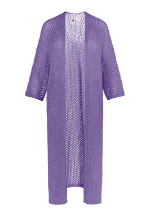 Cárdigan de punto morado con apertura frontal, mangas tres cuartos y un diseño suelto y aireado que presenta un patrón texturizado en toda su superficie.