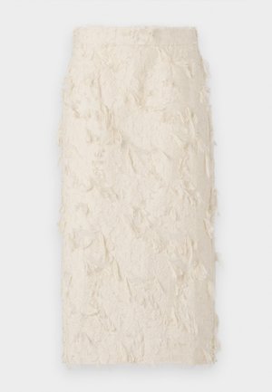 Cream-colored pencil skirt with a textured, feather-like surface. Features a fitted design and mid-length cut, suitable for various occasions.