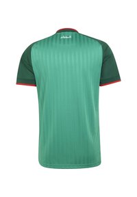 Maillot de sport vert avec des manches vert foncé, bordure rouge sur le col et les extrémités des manches, et texte arabe blanc près du col supérieur du dos.
