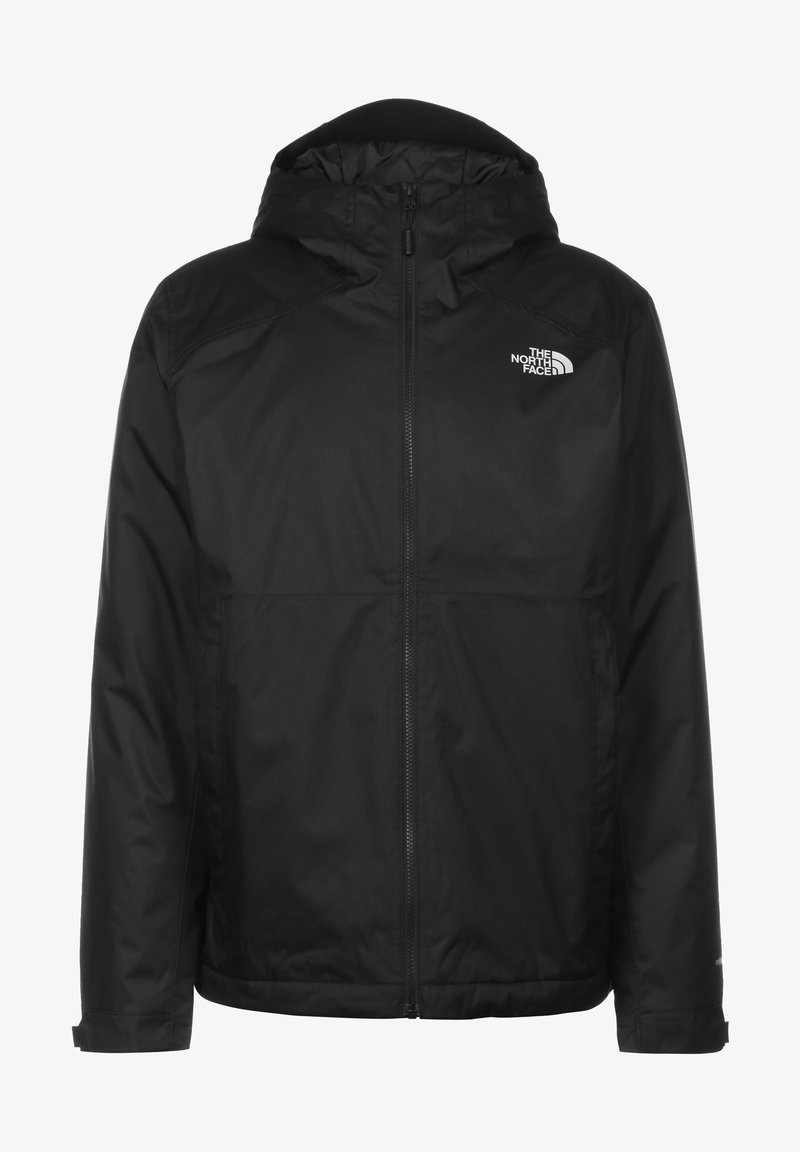 Veste imperméable noire à capuche avec fermeture éclair à l'avant et logo The North Face sur la poitrine gauche.