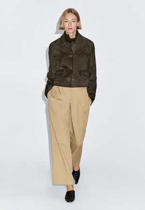 LINED BUTTONS - Leather jacket - mottled dark green