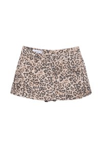 Shorts en denim imprimé léopard avec une taille haute, cinq poches et fermeture par bouton en métal. Le tissu est doux avec une texture agréable.