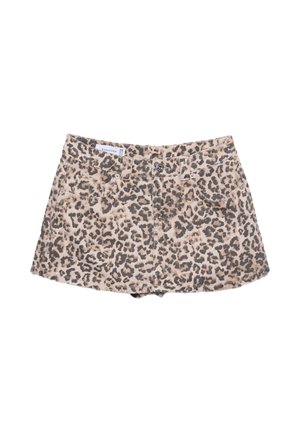 Shorts en denim imprimé léopard avec une taille haute, cinq poches et fermeture par bouton en métal. Le tissu est doux avec une texture agréable.