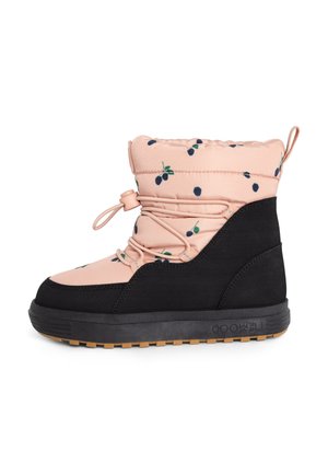Kinder-Winterstiefel mit rosa Obermaterial, das kleine dunkelblaue und grüne Blattmuster aufweist, schwarzer Unterteil und dicker Gummisohle.