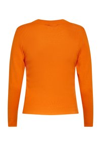 Top tricotat cu mânecă lungă de culoare portocalie, având un guler rotund, formă aderentă și textură netedă. Fără broderii sau modele.
