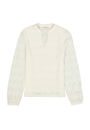Witte blouse met lange mouwen en een V-hals, voorzien van een getextureerd zigzagpatroon en elastische manchetten. Lichtgewicht stof met een subtiele glans.
