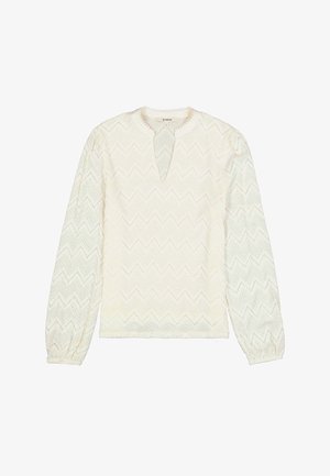 Witte blouse met lange mouwen en een V-hals, voorzien van een getextureerd zigzagpatroon en elastische manchetten. Lichtgewicht stof met een subtiele glans.