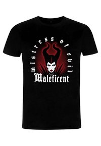 Černé tričko s grafikou ženské postavy s rohy, obklopené textem "panička zla Maleficent" v bílé barvě.